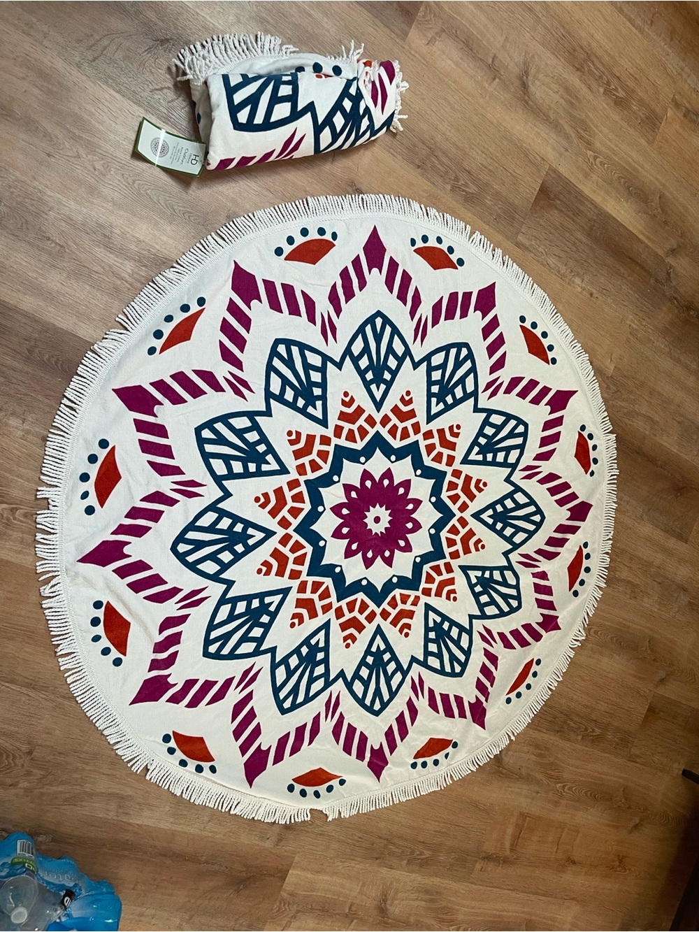 2 Round Mandala Beach Towel - White with Blue, Magenta & Orange